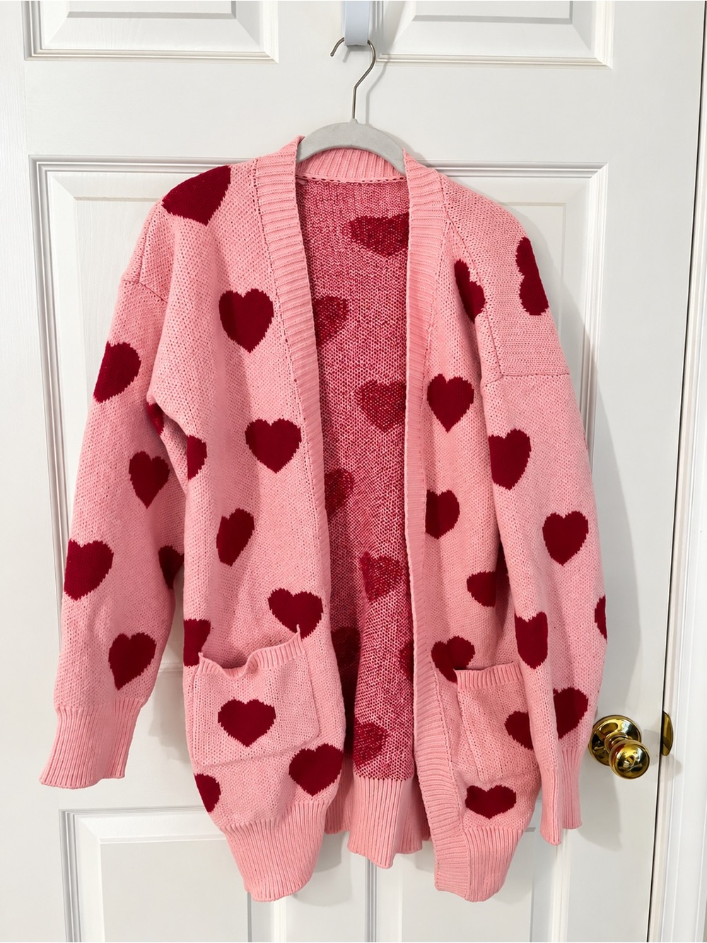 Pink Heart Pattern Open-Front Cardigan Sweater